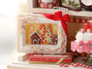 Framed Christmas Cookie Scene - Tiny Gingerbread Man, House, Christmas Tree - Handmade Miniature Decoration