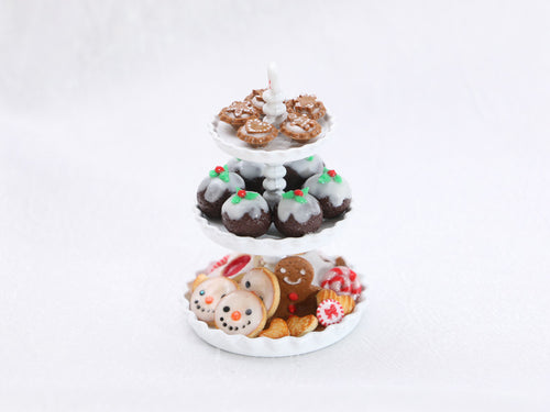 Christmas Cookies, Puddings and Gingerbread Mince Pies on Three-tiered Cake Stand - Handmade Miniature Food