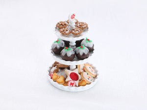 Christmas Cookies, Puddings and Gingerbread Mince Pies on Three-tiered Cake Stand - Handmade Miniature Food