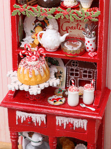 OOAK Christmas Kitchen Hutch Filled with Handmade Christmas Themed Miniatures