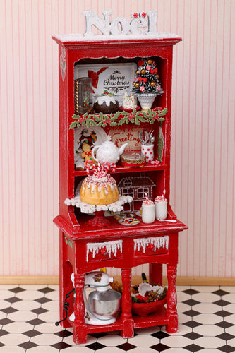 OOAK Christmas Kitchen Hutch Filled with Handmade Christmas Themed Miniatures