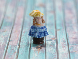 Miniature Decorative Bust of Lady in Blue Shawl / Yellow Hat - Dollhouse Miniature