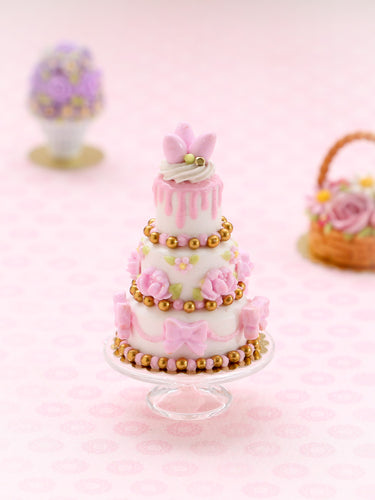 Three Tiered Pink Easter Cake with Flowers and Bows - Handmade Miniature Food