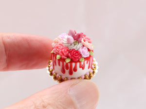 Easter Floral Drip Cake in Red and Shades of Pink - Handmade Miniature Food