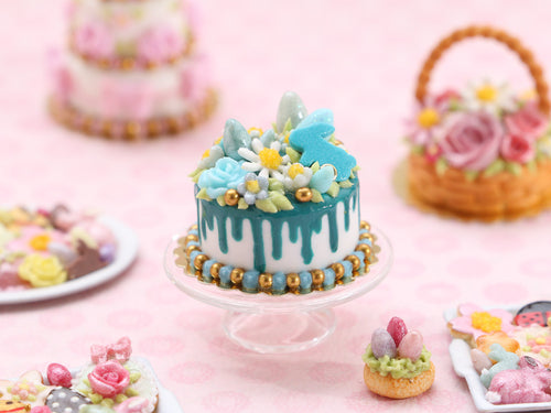 Easter Floral Drip Cake in Aqua/Turquoise - OOAK - Handmade Miniature Food