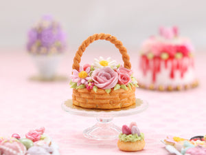 Pink Roses and Daisies Basket Cake - Handmade Miniature Food