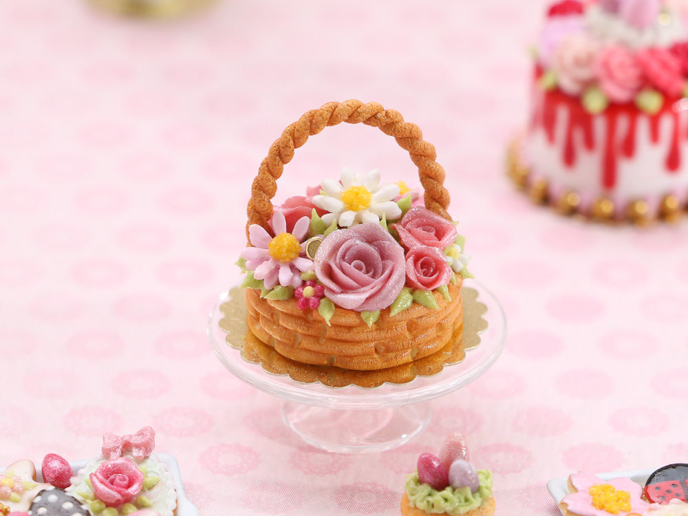 Pink Roses and Daisies Basket Cake - Handmade Miniature Food