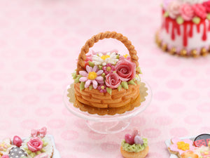 Pink Roses and Daisies Basket Cake - Handmade Miniature Food