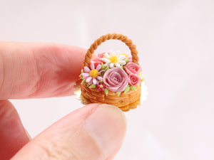 Pink Roses and Daisies Basket Cake - Handmade Miniature Food