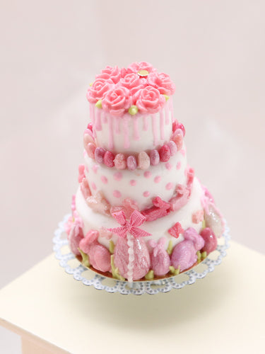 OOAK Gorgeous Three-Tiered Pink Easter Cake - Handmade Miniature Food