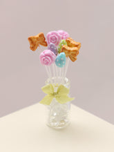 Load image into Gallery viewer, Glass Jar of 3 x 3 Easter lollipops / cake pops - Flowers, Eggs and Bows - Miniature Food