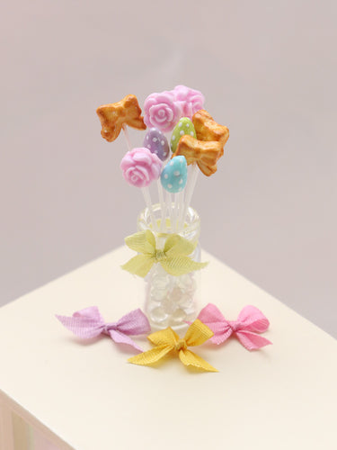 Glass Jar of 3 x 3 Easter lollipops / cake pops - Flowers, Eggs and Bows - Miniature Food