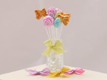 Load image into Gallery viewer, Glass Jar of 3 x 3 Easter lollipops / cake pops - Flowers, Eggs and Bows - Miniature Food