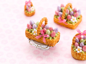 Easter Basket Cake (Long Rectangle), Pink, Purple, Green Eggs, Pink Ribbon - Handmade Miniature Food