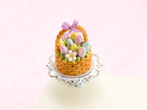 Easter Basket Cake (Round), Light Pink, Yellow, Turquoise Eggs, Lilac Ribbon - Handmade Miniature Food