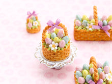 Load image into Gallery viewer, Easter Basket Cake (Round), Light Pink, Yellow, Turquoise Eggs, Lilac Ribbon - Handmade Miniature Food