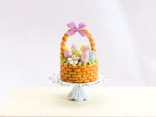 Load image into Gallery viewer, Easter Basket Cake (Round), Light Pink, Yellow, Turquoise Eggs, Lilac Ribbon - Handmade Miniature Food
