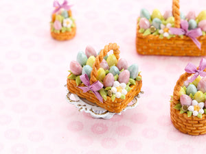 Easter Basket Cake (Squat Rectangle), Light Pink, Yellow, Turquoise Eggs, Lilac Ribbon - Handmade Miniature Food