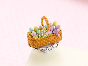 Easter Basket Cake (Long Rectangle), Light Pink, Yellow, Turquoise Eggs, Lilac Ribbon - Handmade Miniature Food