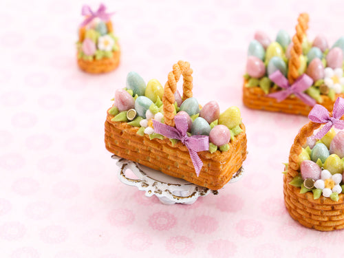 Easter Basket Cake (Long Rectangle), Light Pink, Yellow, Turquoise Eggs, Lilac Ribbon - Handmade Miniature Food