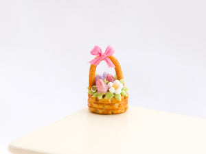 Easter Basket Cake (Individual Pastry), Pink, Purple, Green Eggs, Pink Ribbon - Handmade Miniature Food