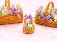 Load image into Gallery viewer, Easter Basket Cake (Individual Pastry), Light Pink, Yellow, Turquoise Eggs, Lilac Ribbon - Handmade Miniature Food
