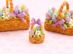 Easter Basket Cake (Individual Pastry), Light Pink, Yellow, Turquoise Eggs, Lilac Ribbon - Handmade Miniature Food