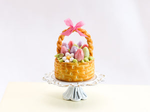 Easter Basket Cake (Round), Pink, Purple, Green Eggs, Pink Ribbon - Handmade Miniature Food