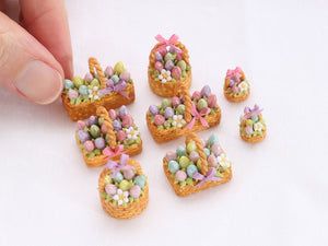 Easter Basket Cake (Squat Rectangle), Light Pink, Yellow, Turquoise Eggs, Lilac Ribbon - Handmade Miniature Food