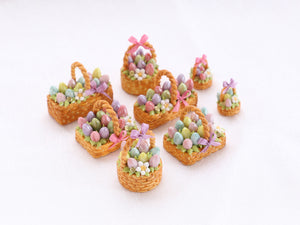 Easter Basket Cake (Long Rectangle), Pink, Purple, Green Eggs, Pink Ribbon - Handmade Miniature Food
