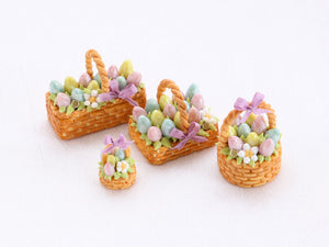 Easter Basket Cake (Squat Rectangle), Pink, Purple, Green Eggs, Pink Ribbon - Handmade Miniature Food
