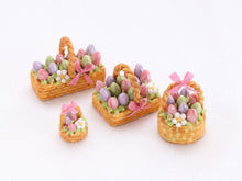 Load image into Gallery viewer, Easter Basket Cake (Individual Pastry), Light Pink, Yellow, Turquoise Eggs, Lilac Ribbon - Handmade Miniature Food