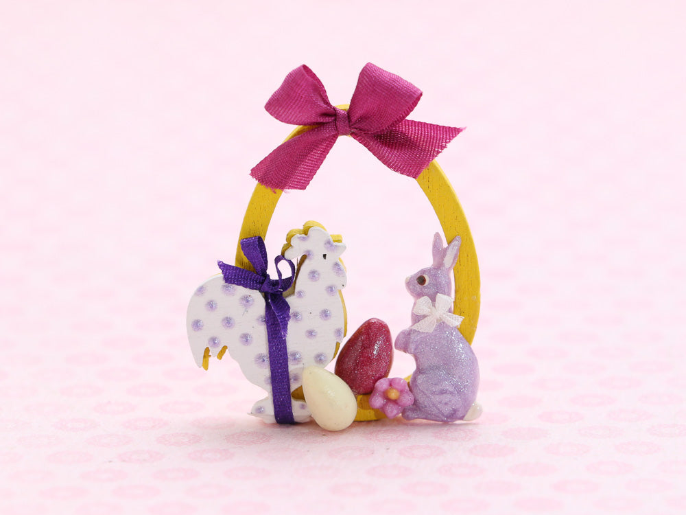 Wooden Easter Decoration (Yellow/Purple) Rooster, Rabbit, Eggs - 12th Scale Dollhouse Miniature