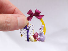 Load image into Gallery viewer, Wooden Easter Decoration (Yellow/Purple) Rooster, Rabbit, Eggs - 12th Scale Dollhouse Miniature