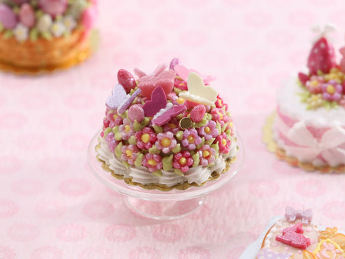 Butterflies on Blossom Easter Cake - Pink - OOAK - Handmade Miniature Food