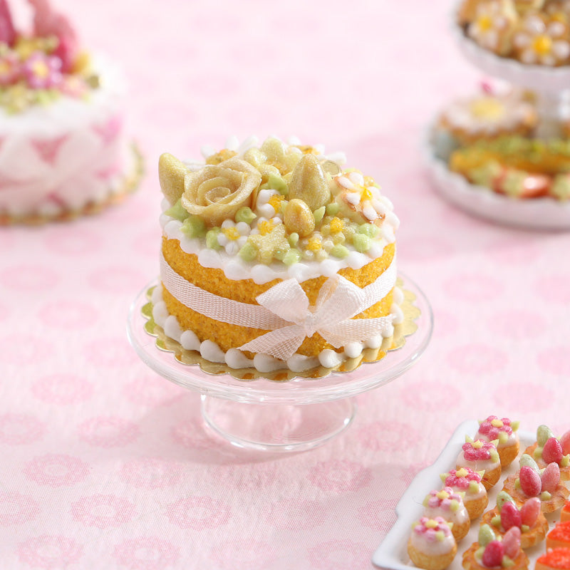 Yellow Easter Cake with Rose, Daisy, Egg Decoration - OOAK - 12th Scale Miniature Food