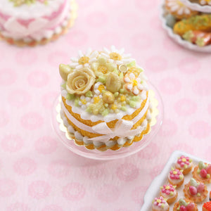 Yellow Easter Cake with Rose, Daisy, Egg Decoration - OOAK - 12th Scale Miniature Food