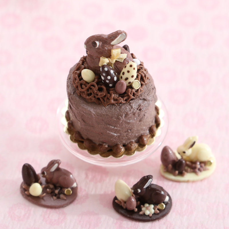 Chocolate Easter Cake Decorated with Bunny and Eggs - OOAK - Handmade Miniature Food