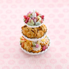 Load image into Gallery viewer, Easter Cookies, Candies and Treats on Three-tiered Cake Stand - Handmade Miniature Food