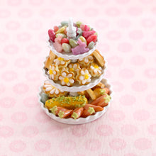 Load image into Gallery viewer, Easter Cookies, Candies and Treats on Three-tiered Cake Stand - Handmade Miniature Food