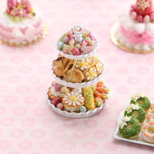 Easter Cookies, Candies and Treats on Three-tiered Cake Stand - Handmade Miniature Food