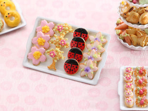 Spring-Themed Cookies on Baking Tray - Pink Sakura Spring Blossom, Tree Blossom, Ladybird, Sugared Violet Flower