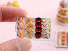 Load image into Gallery viewer, Spring-Themed Cookies on Baking Tray - Pink Sakura Spring Blossom, Tree Blossom, Ladybird, Sugared Violet Flower