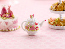 Load image into Gallery viewer, Decorative Spring / Easter Teapot with Tiny Pink Bunny, Blossoms, Butterfly Motif - Handmade Miniature for Dollshouse