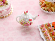 Load image into Gallery viewer, Decorative Spring / Easter Teapot with Tiny Pink Bunny, Blossoms, Butterfly Motif - Handmade Miniature for Dollshouse