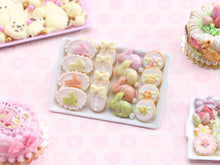 Load image into Gallery viewer, Pastel Easter Treats, Rabbit Cookies, Egg Cookies, Candy Rabbits, Blossom Cookies - White Tray - Handmade Miniature Food