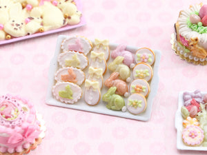 Pastel Easter Treats, Rabbit Cookies, Egg Cookies, Candy Rabbits, Blossom Cookies - White Tray - Handmade Miniature Food