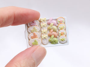Pastel Easter Treats, Rabbit Cookies, Egg Cookies, Candy Rabbits, Blossom Cookies - White Tray - Handmade Miniature Food