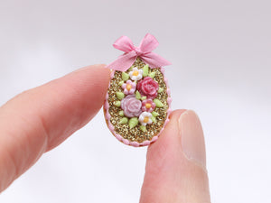 Easter Egg Shortbread Sablé Golden Cookie, Pink Flowers - Miniature Food in 12th Scale for Dollhouse
