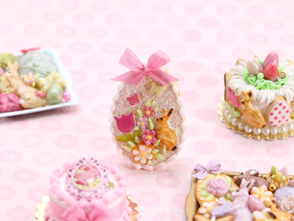 Easter Egg Shortbread Sablé pearl Glitter Cookie, Pink Tulip, Rabbit - Miniature Food in 12th Scale for Dollhouse
